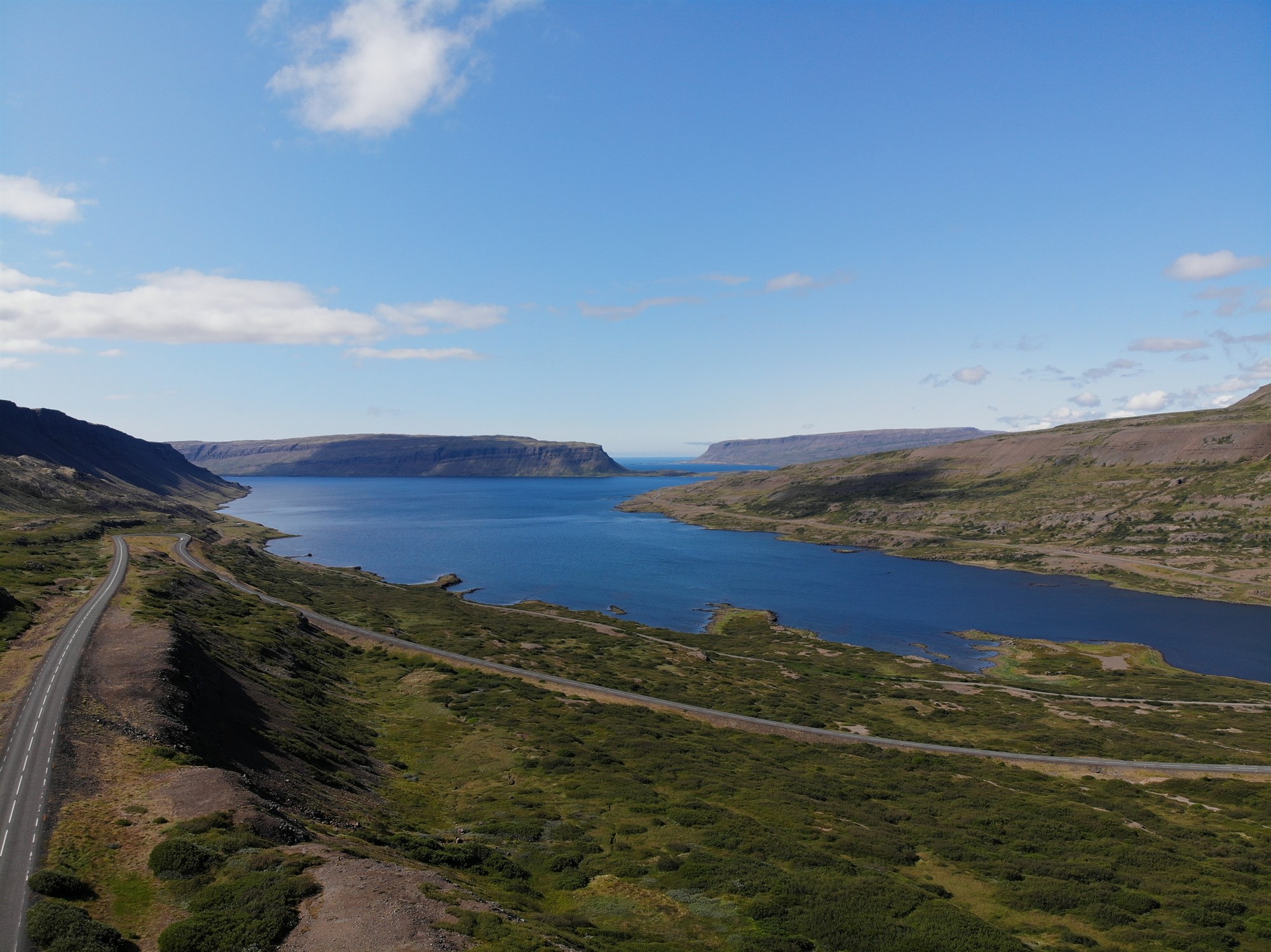 View over a winding road in the Westfjords, Iceland.