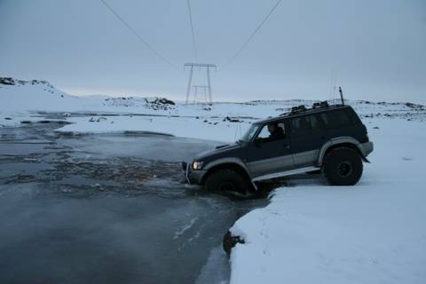 crossing a glacial river in the highlands of iceland