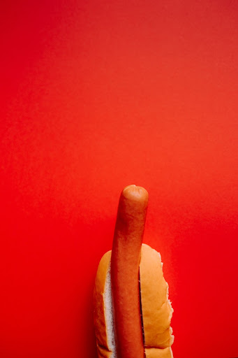 Hot dog on red background