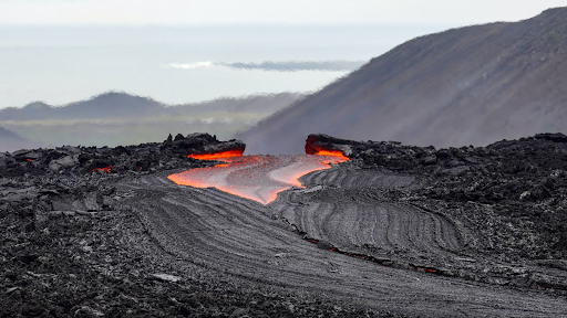 Flowing lava of Mount Fagradalsfjall in Iceland.